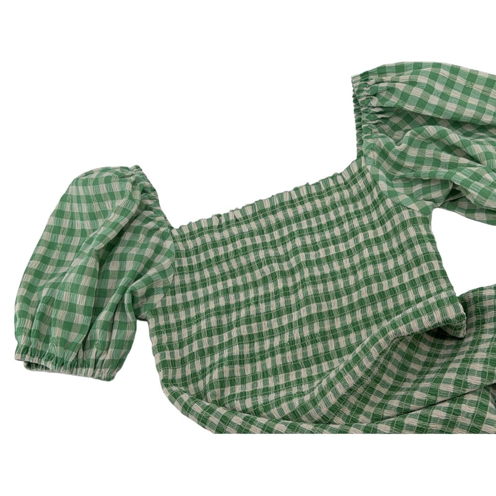 BB Dakota Picnic Vibes‎ Women's M Green Gingham Smocked Puff Sleeve Mini Dress
